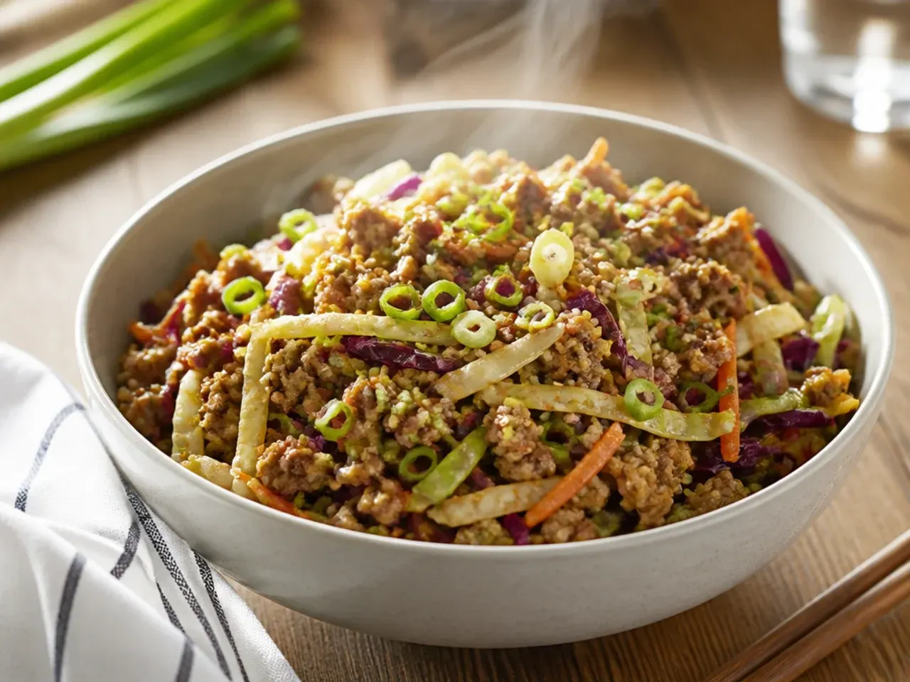 Egg roll in a bowl served over rice with a fried egg and sesame seeds on top