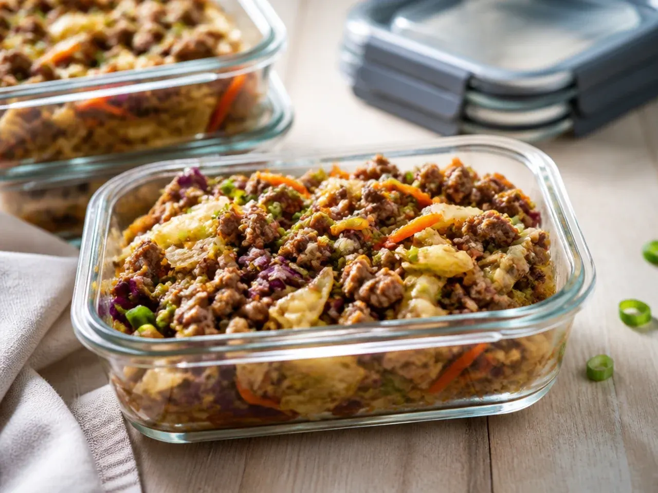 Airtight containers of egg roll in a bowl leftovers ready for the fridge