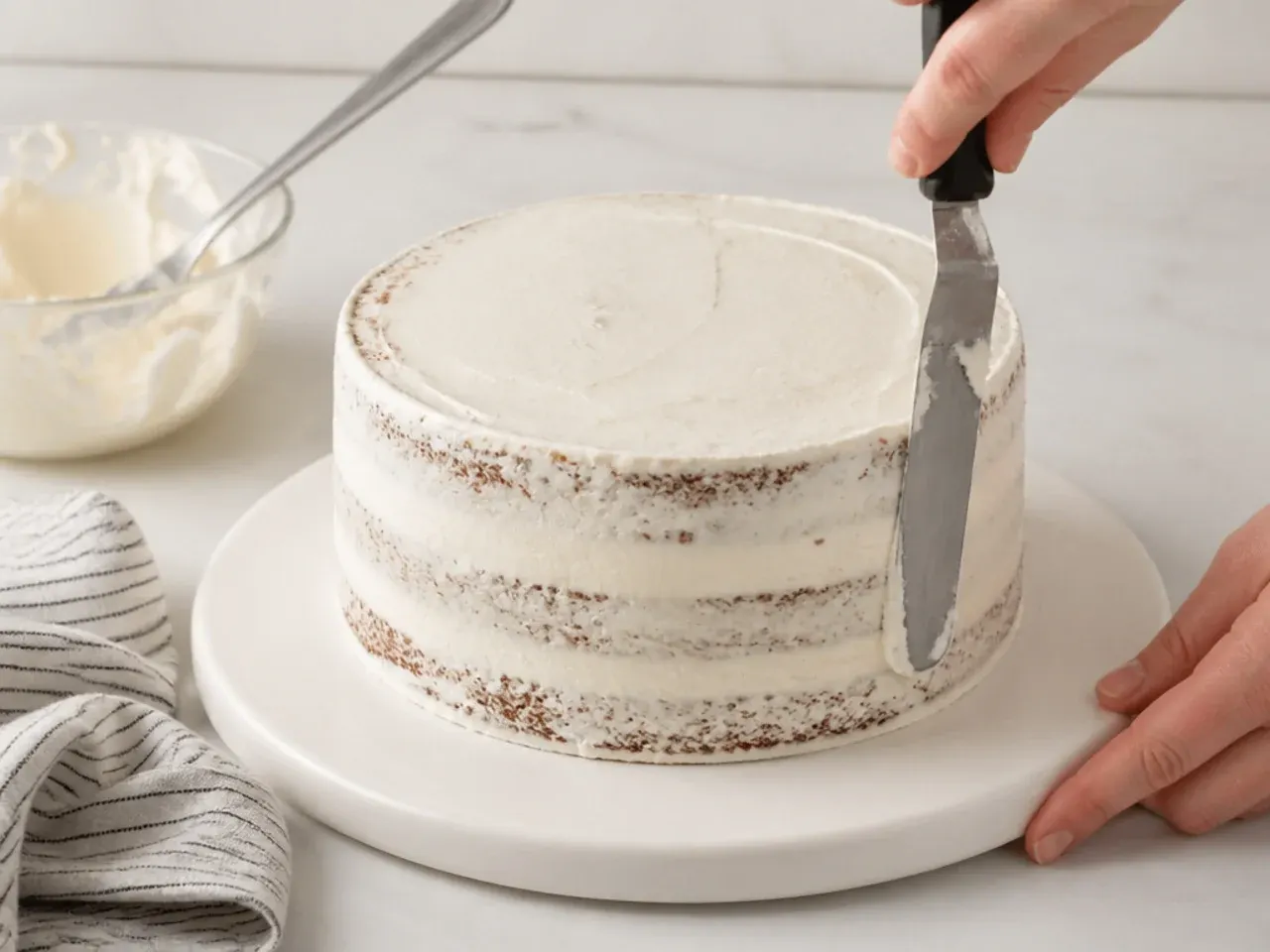 easy football cake — step 6: crumb coat, then frost