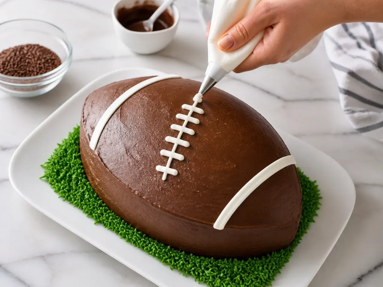 easy football cake — step 7: pipe the laces and finish