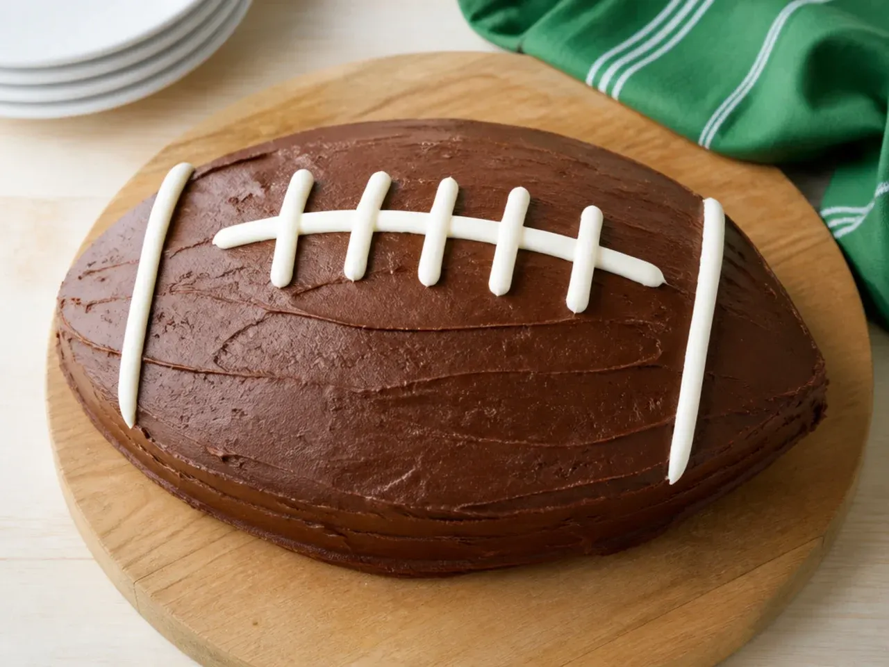 Classic easy football cake with chocolate frosting and piped white laces on a wooden board