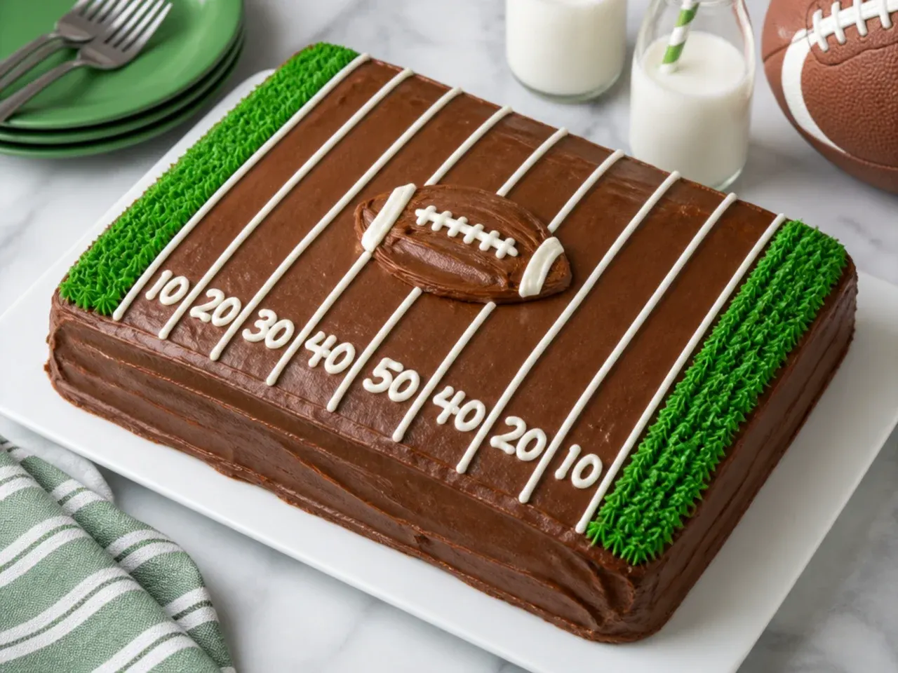 Quick box mix football cake for a birthday party with canned chocolate frosting