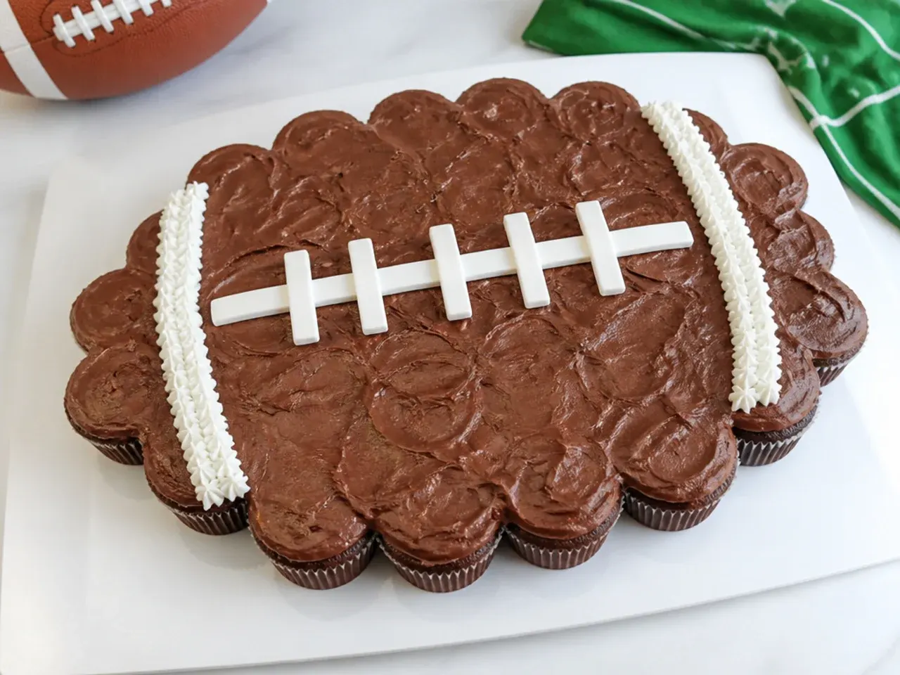 Pull-apart football cupcake cake made from 24 cupcakes frosted together with laces