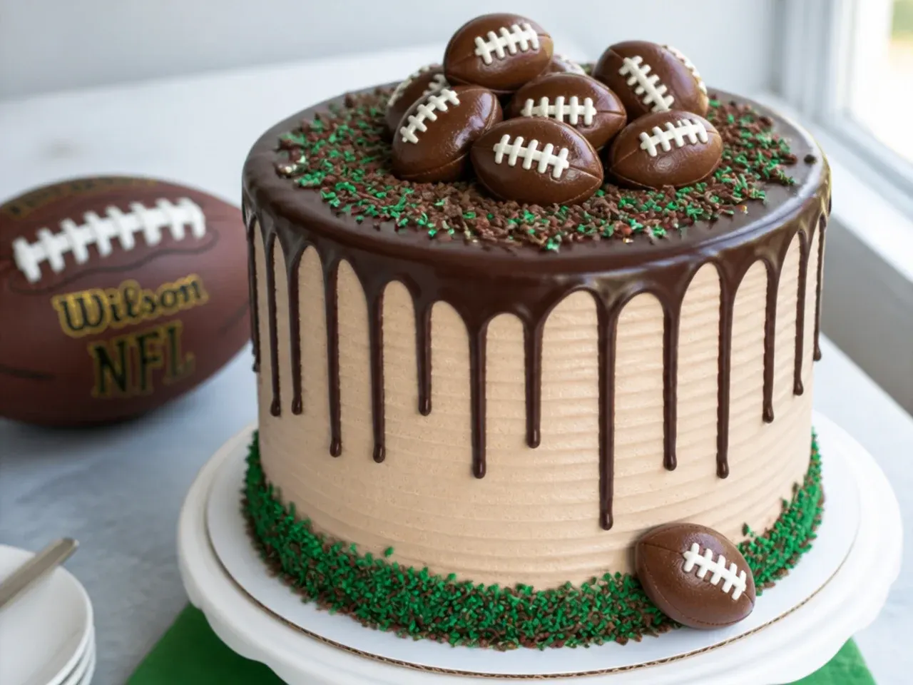 Modern football themed drip cake with chocolate ganache drips and mini chocolate footballs