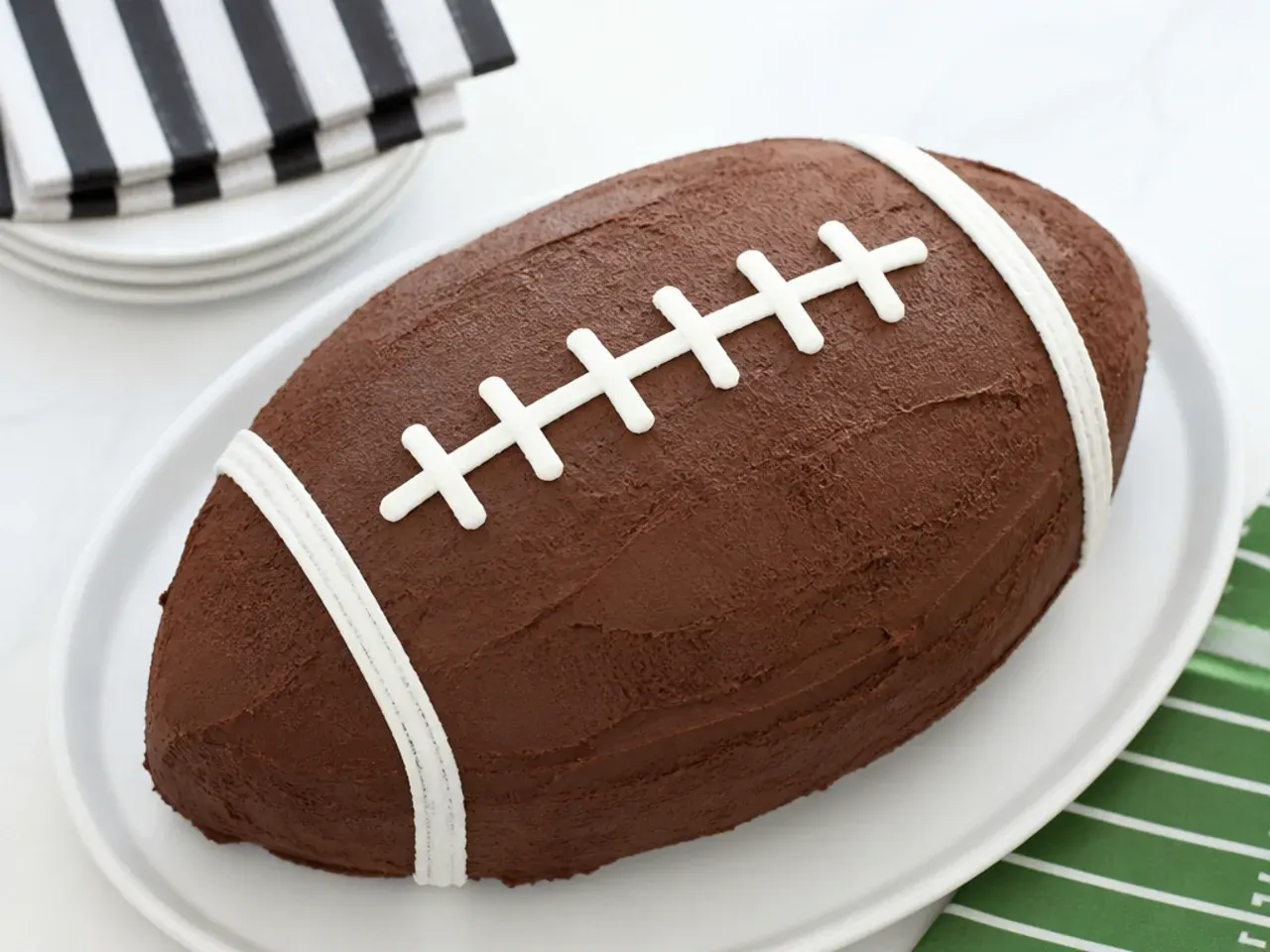 Rustic easy football cake with textured chocolate buttercream that looks like pigskin leather