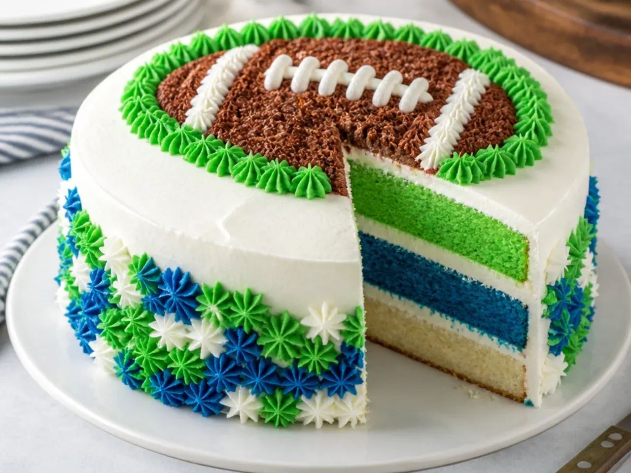 Colorful football team cake with layers tinted in team colors and piped star border