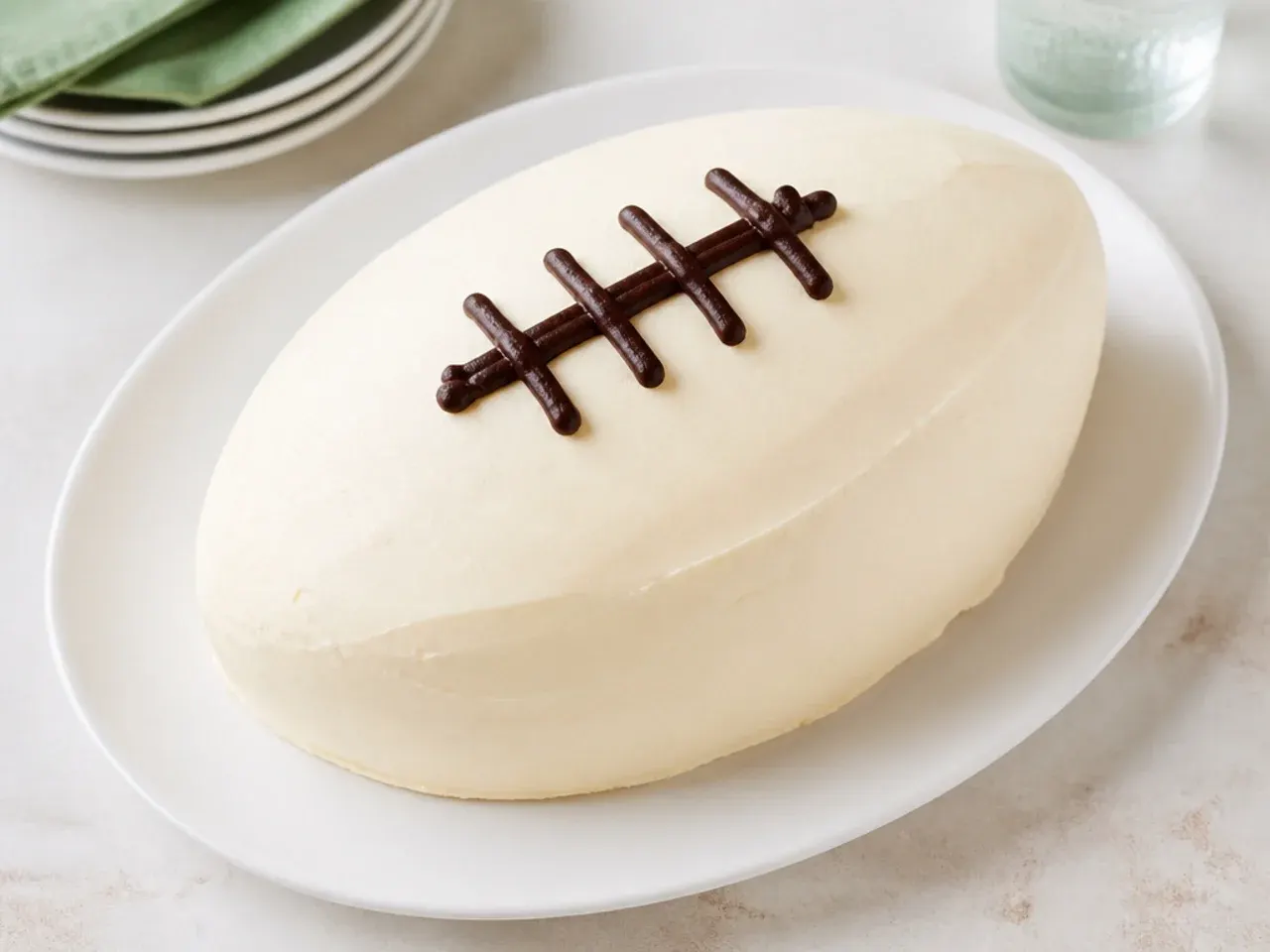 Minimal white football cake with only dark chocolate piped laces on smooth buttercream