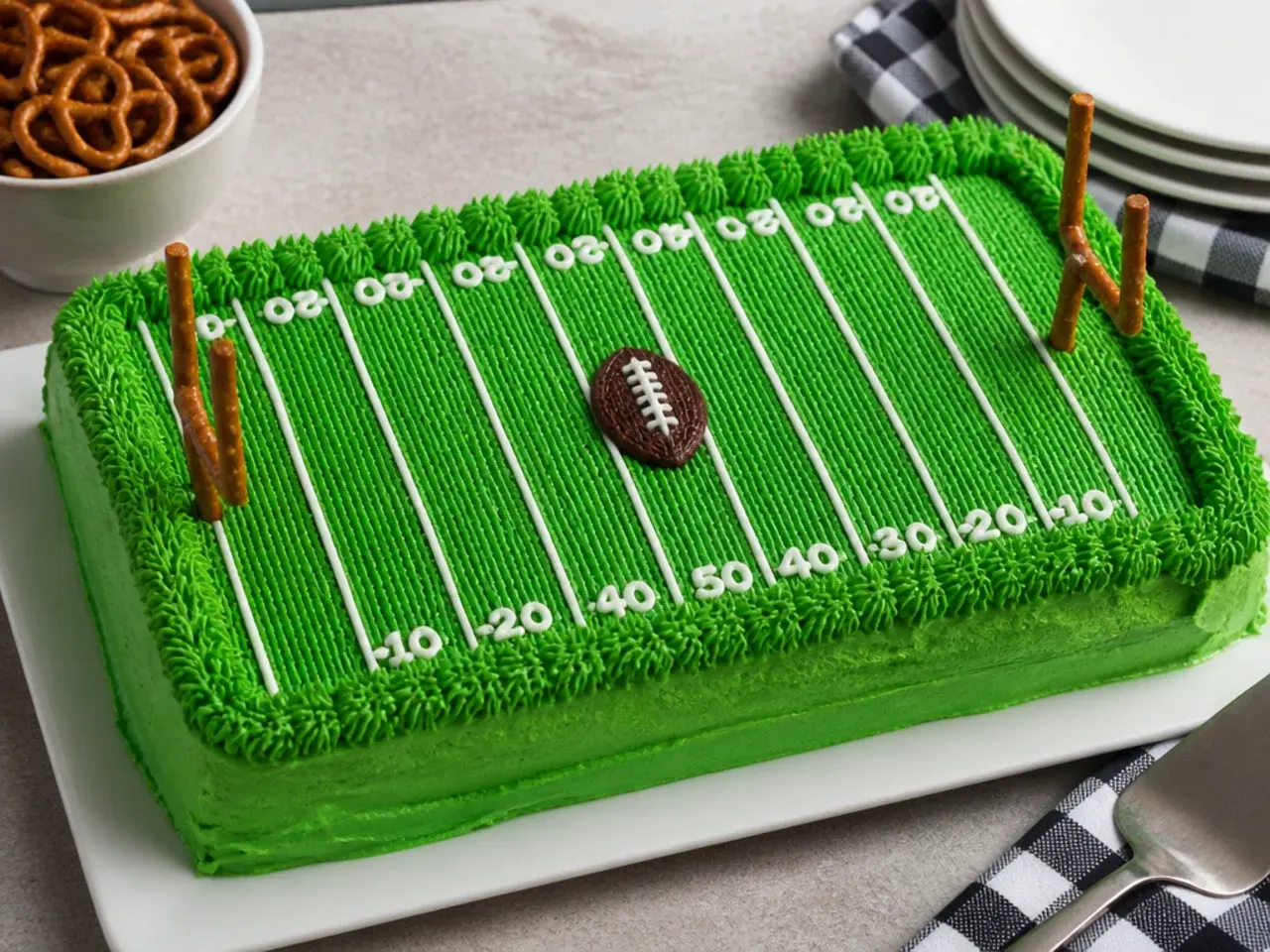 Festive football field sheet cake with green frosting, white yard lines, and pretzel goalposts