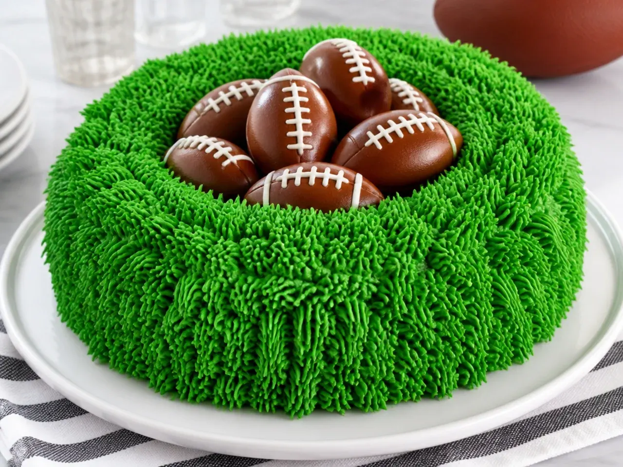 Whimsical football bundt cake covered in piped green grass with chocolate footballs in the center
