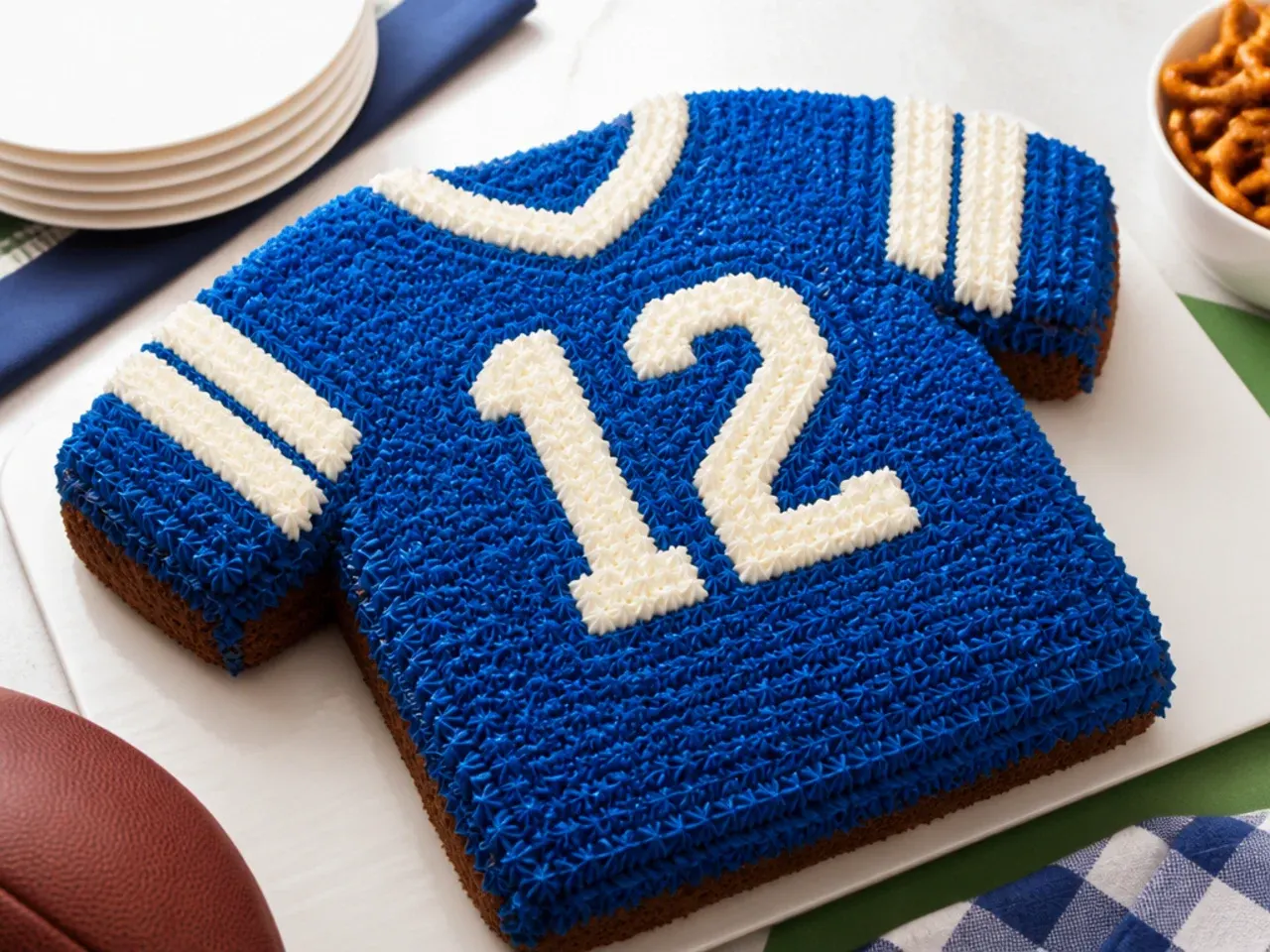 Bold football jersey cake carved from a sheet cake with team colors and piped number