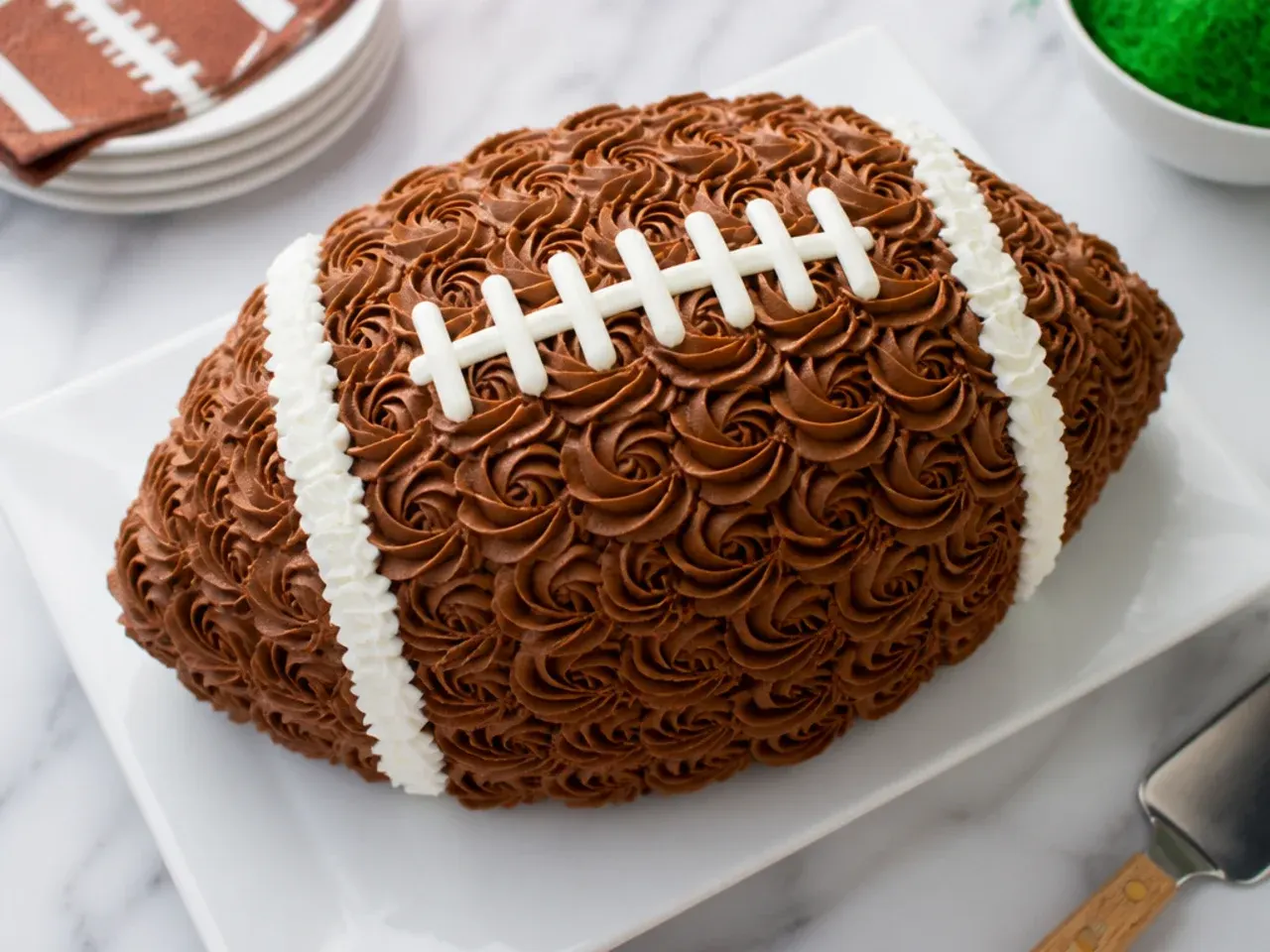 Delicate football cake covered in buttercream rosettes piped with a Wilton 1M tip