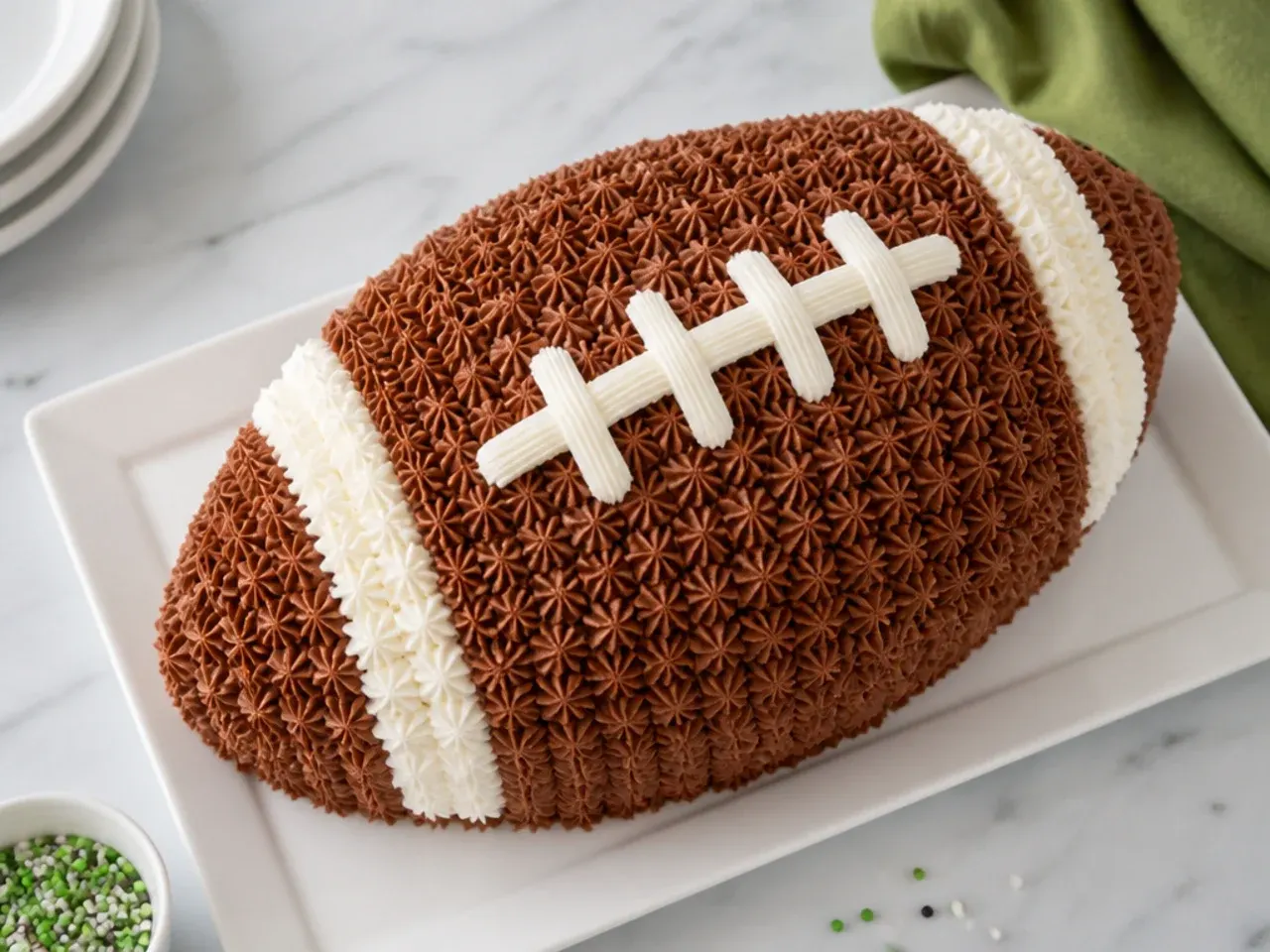Vintage style football cake covered in piped buttercream stars with white star laces