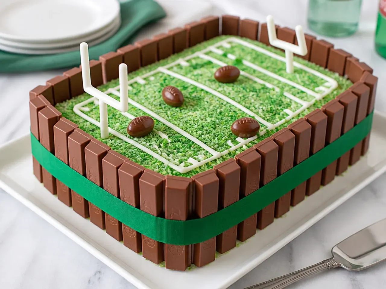 Creative Kit Kat football stadium cake with green coconut grass and chocolate footballs