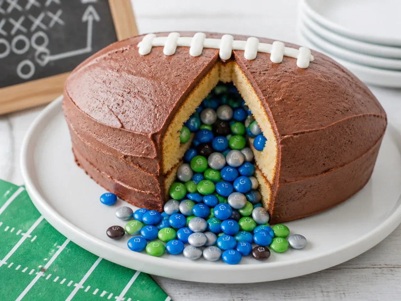 Football pinata cake sliced open with team color candies spilling from the hidden center