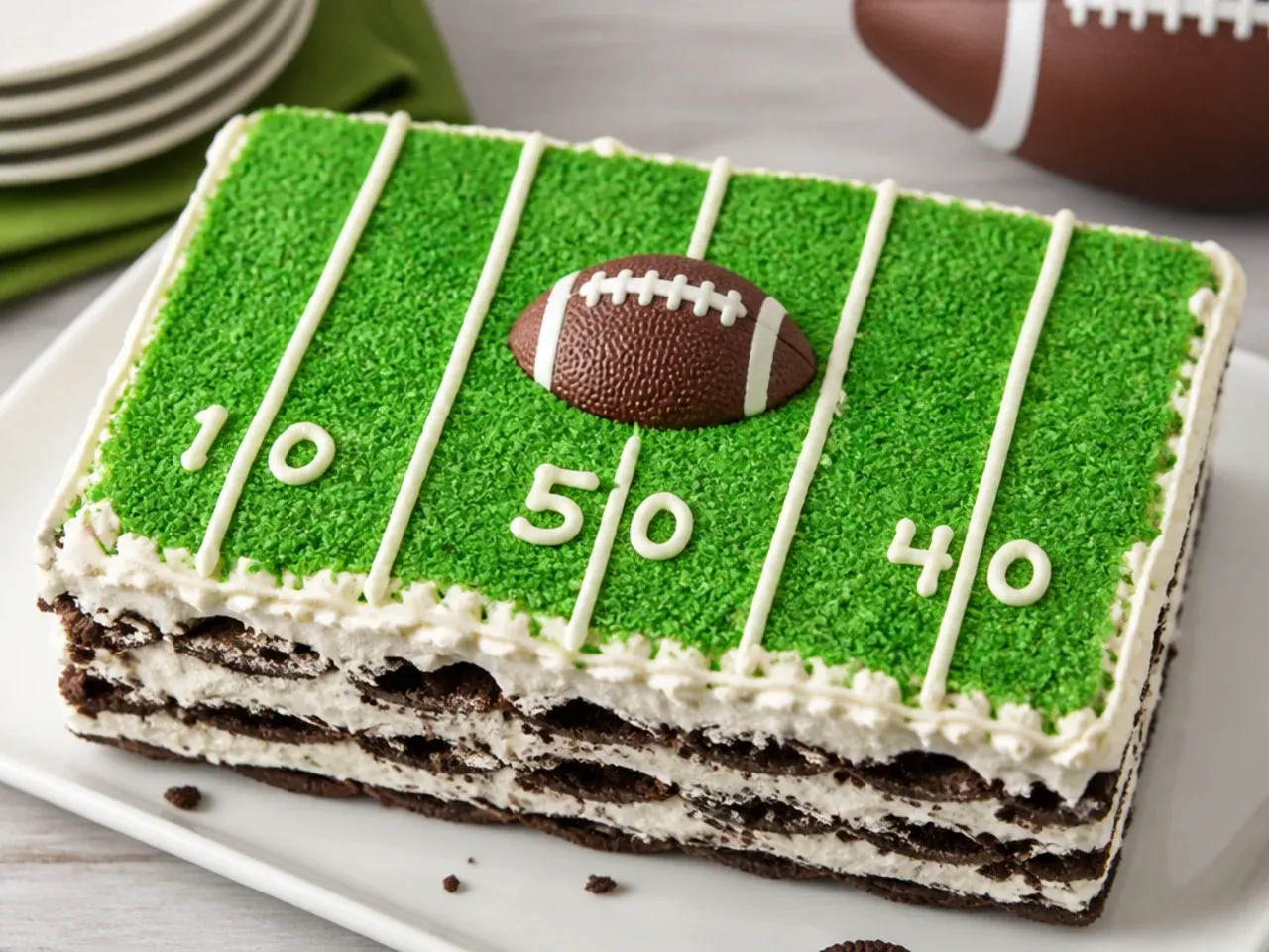 No bake football icebox cake made with chocolate cookies and whipped cream layers