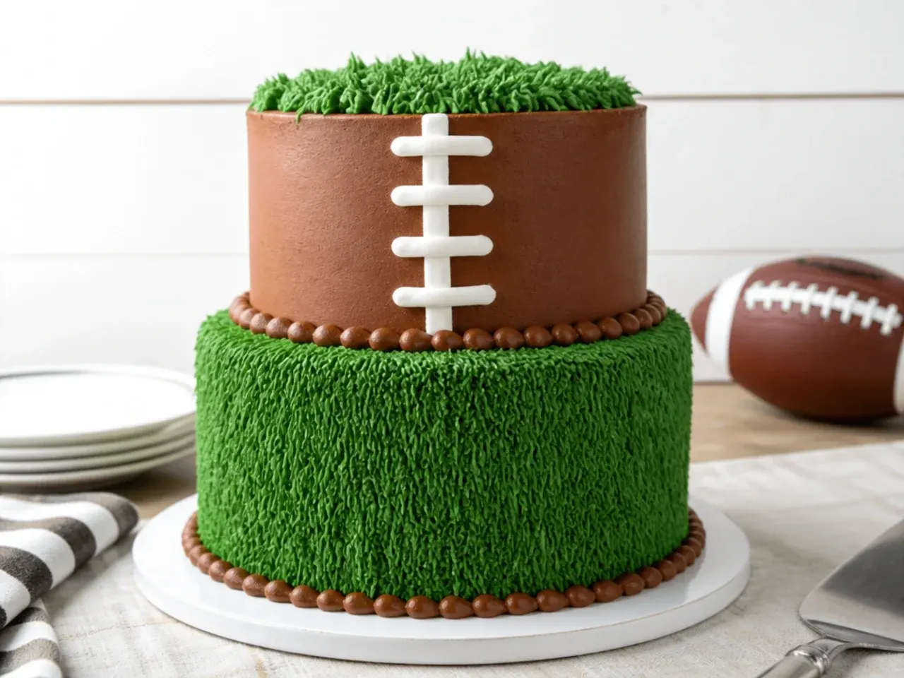 Elegant two tier football party cake with piped grass tier and football laces on top