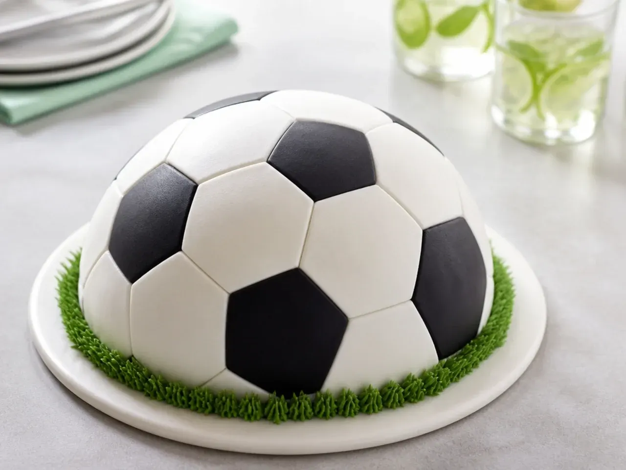 Soccer style football cake shaped as a dome with black and white hexagon pattern