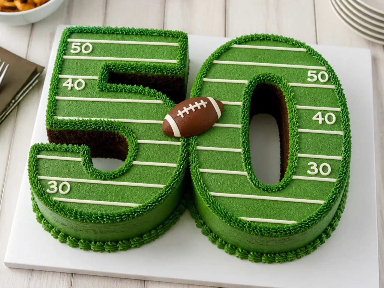 Football number birthday cake cut into an age number with green field frosting and yard lines