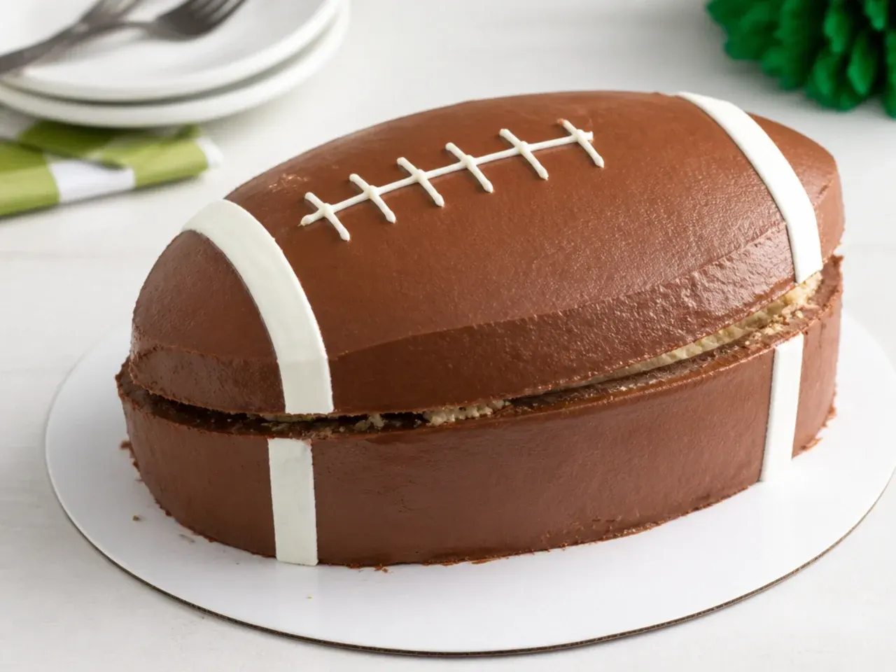 Football cake decorating mistakes shown with sliding cake halves and thin piped laces