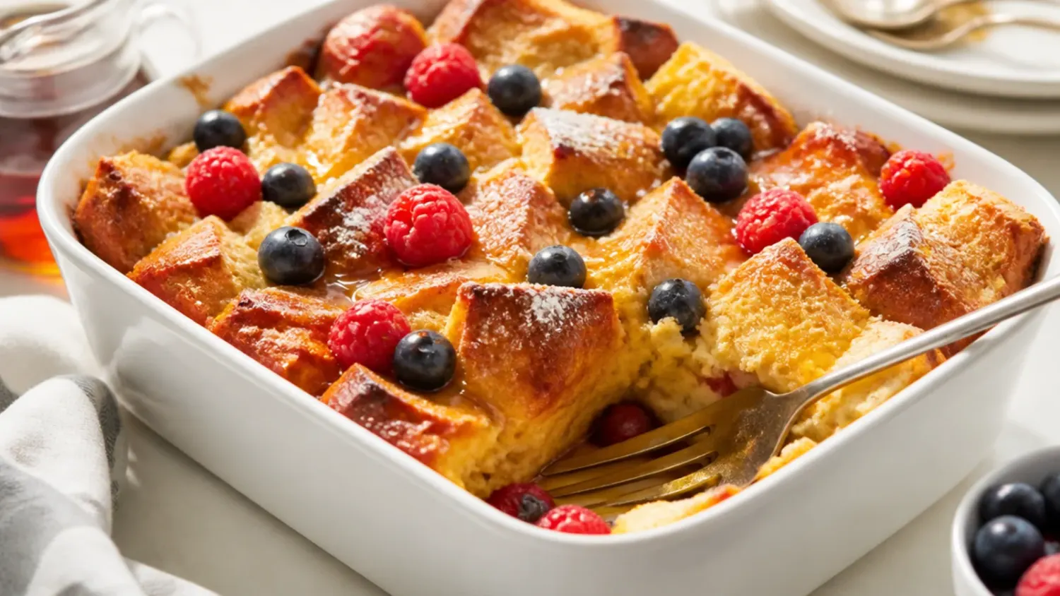 Golden easy french toast casserole in a baking dish, cut into squares and drizzled with maple syrup