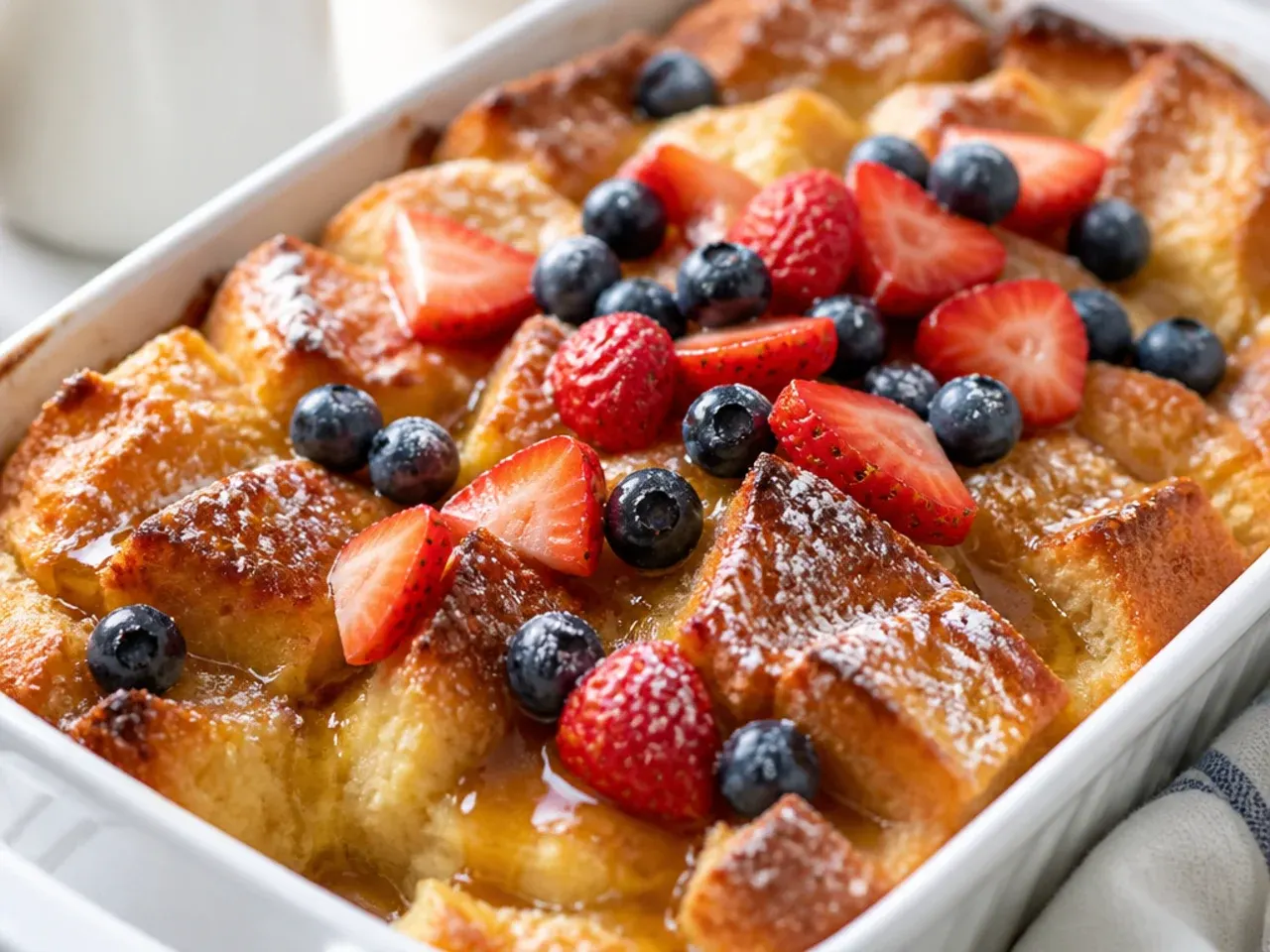 Bowl of whisked egg custard next to torn bread cubes ready for an easy french toast casserole