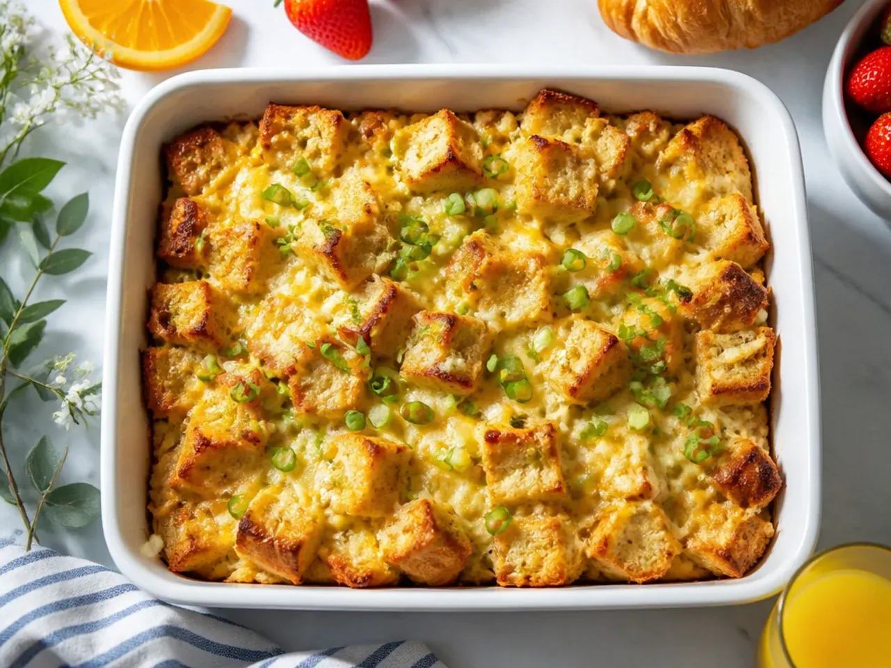 Classic easy french toast casserole squares on a plate with a golden top