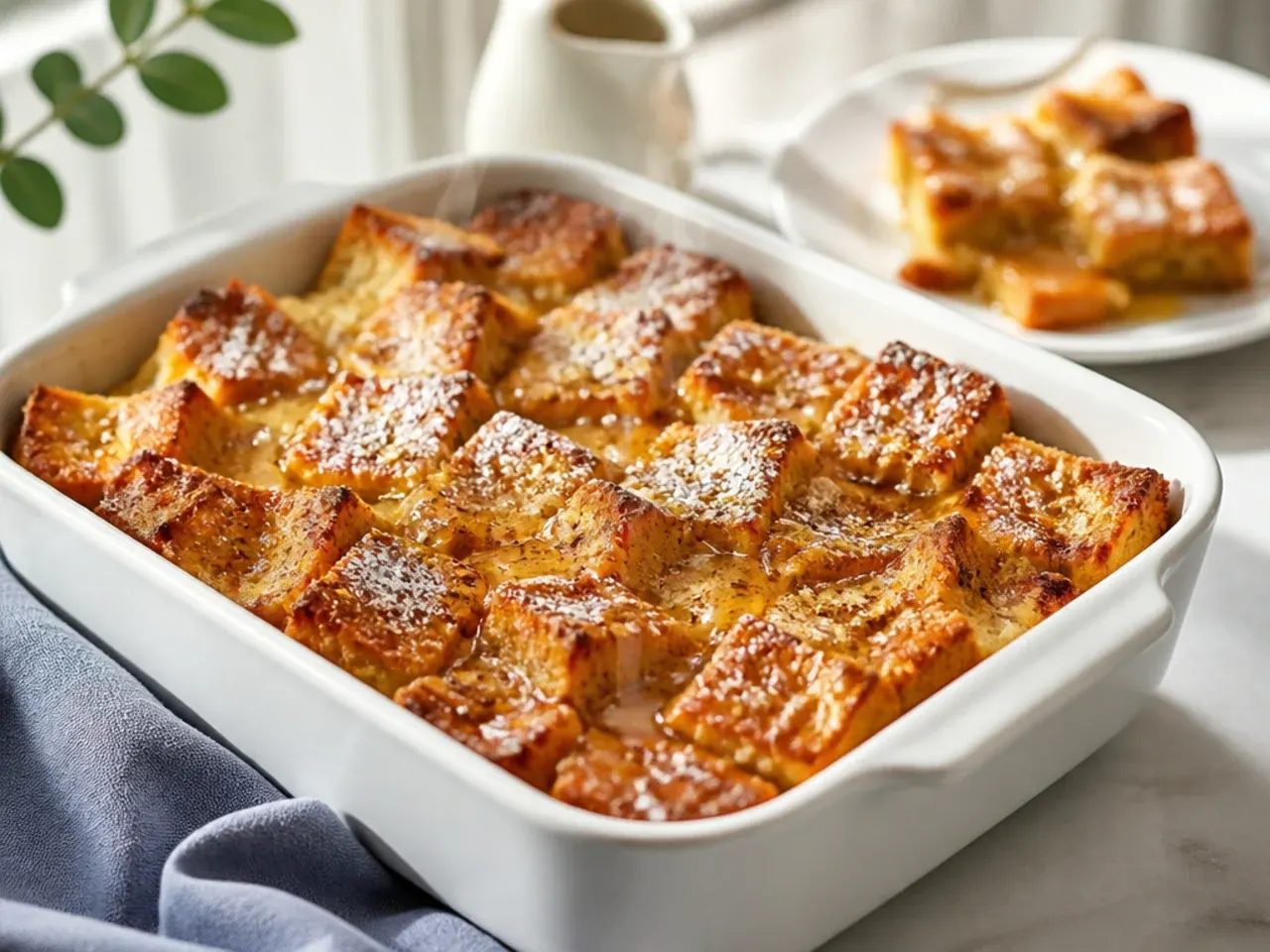 One-bowl easy french toast casserole method with bread soaking directly in the dish