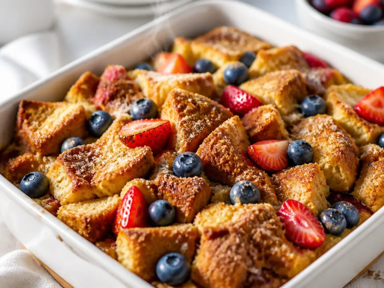 Cinnamon-sugar topped easy french toast casserole fresh from the oven