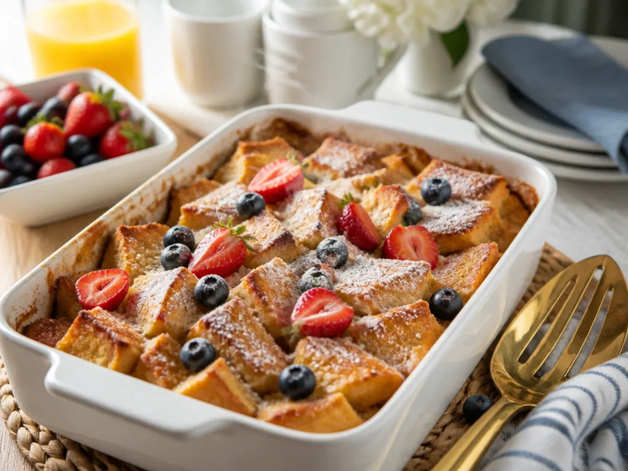 Plain simple easy french toast casserole cut into squares on a chopping board
