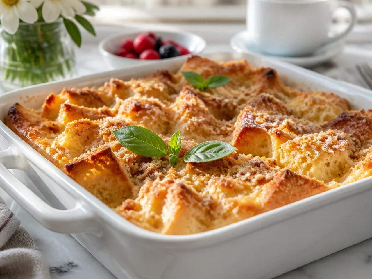Creamy vanilla easy french toast casserole with a silky golden custard centre
