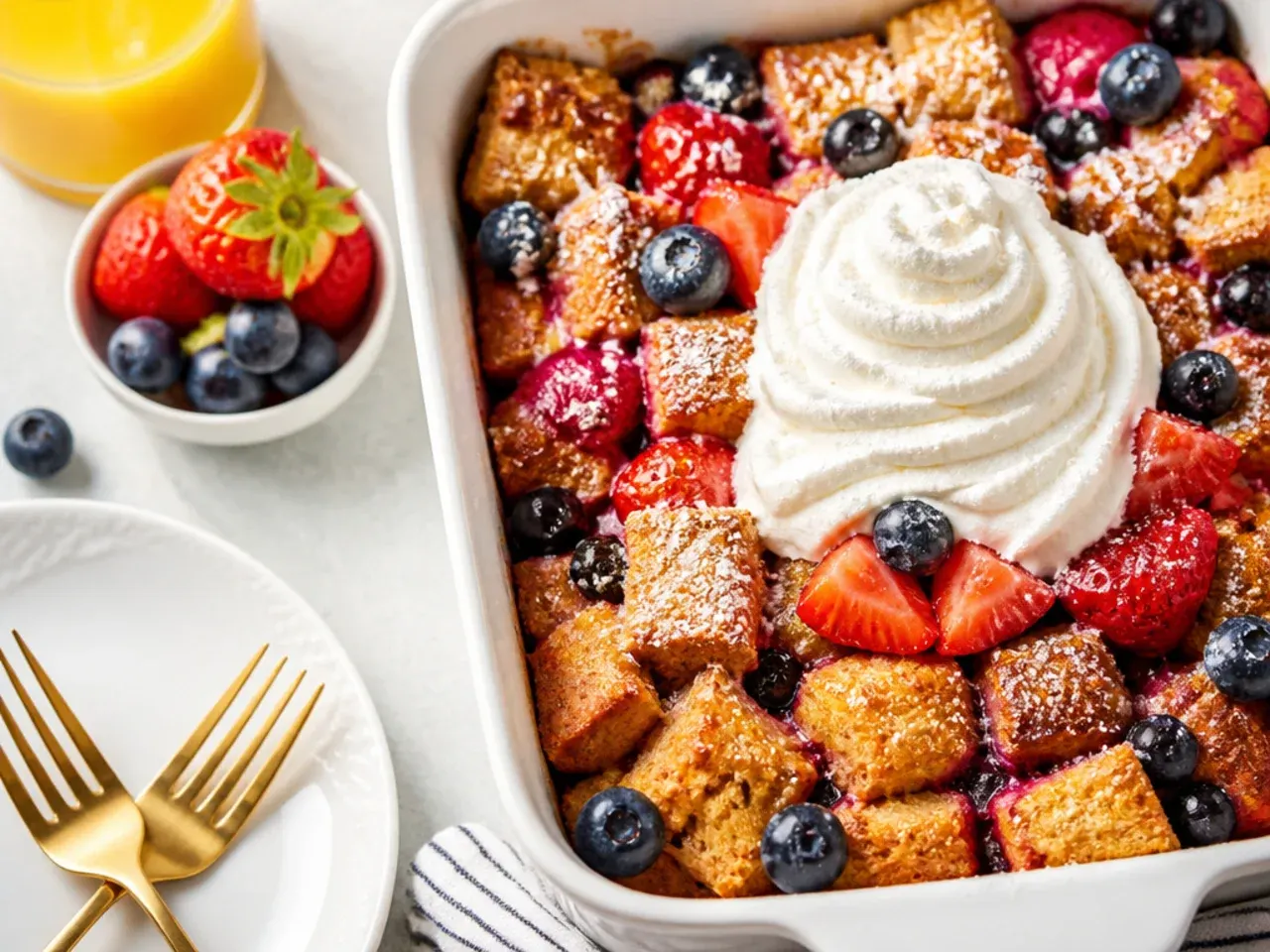 Easy french toast casserole loaded with fresh and baked berries on top