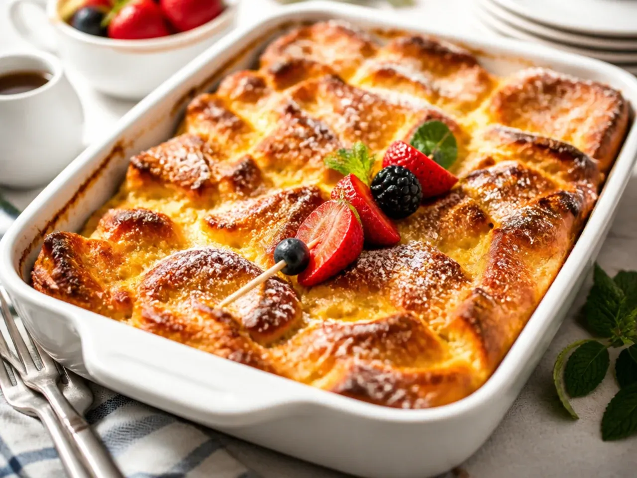 Best-ever buttery brioche easy french toast casserole golden and glossy on top