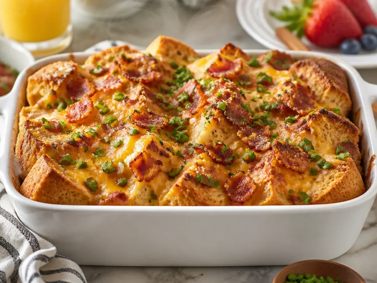 Savoury cheesy bacon easy french toast casserole with melted cheddar on top