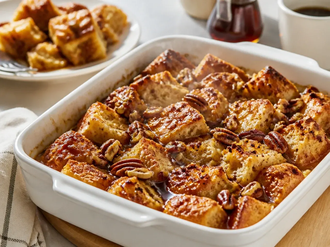 Maple pecan topped crowd-pleasing easy french toast casserole fresh from the oven