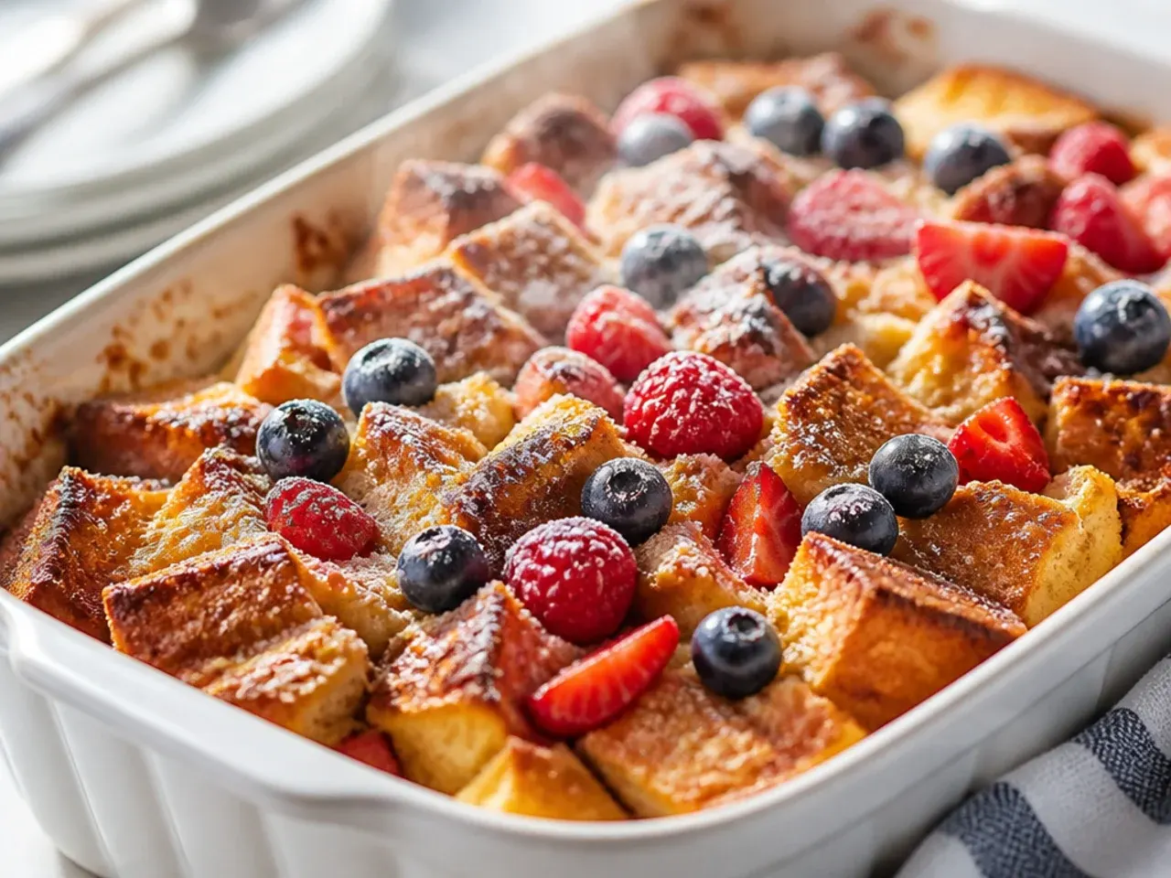 Assembled easy french toast casserole covered and ready in the fridge to bake later