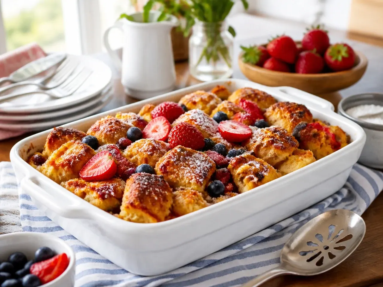 Family-style easy french toast casserole layered with sliced banana
