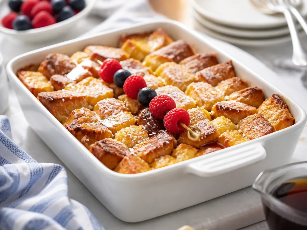 Rustic homemade easy french toast casserole made from torn bakery bread