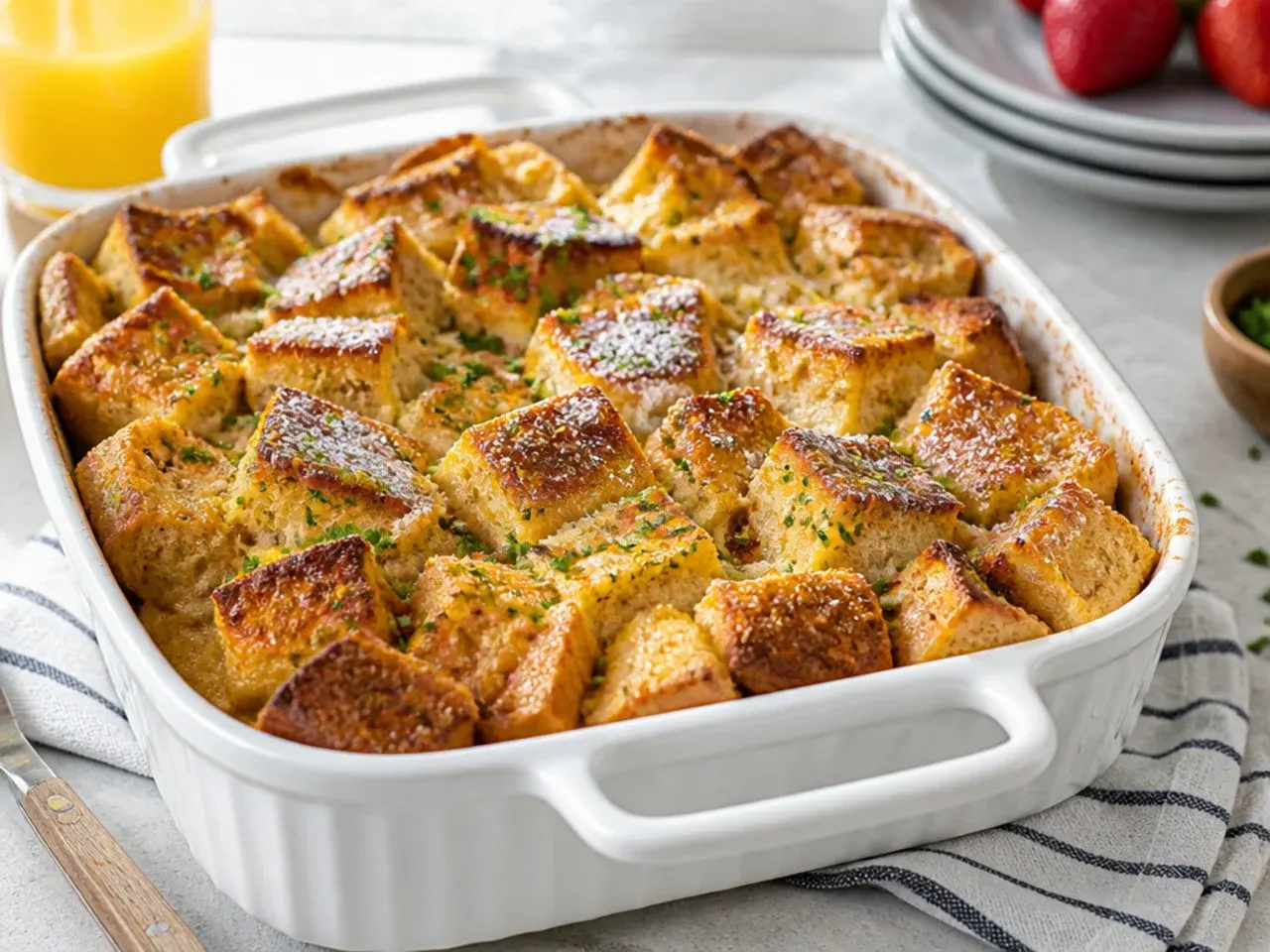Large tray of classic easy french toast casserole sized for a crowd