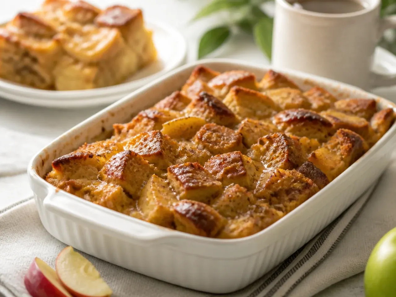 Cosy apple cinnamon easy french toast casserole with softened apple slices