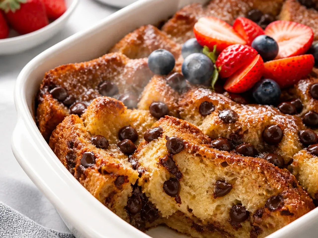 Simple chocolate chip easy french toast casserole with melted chocolate pools