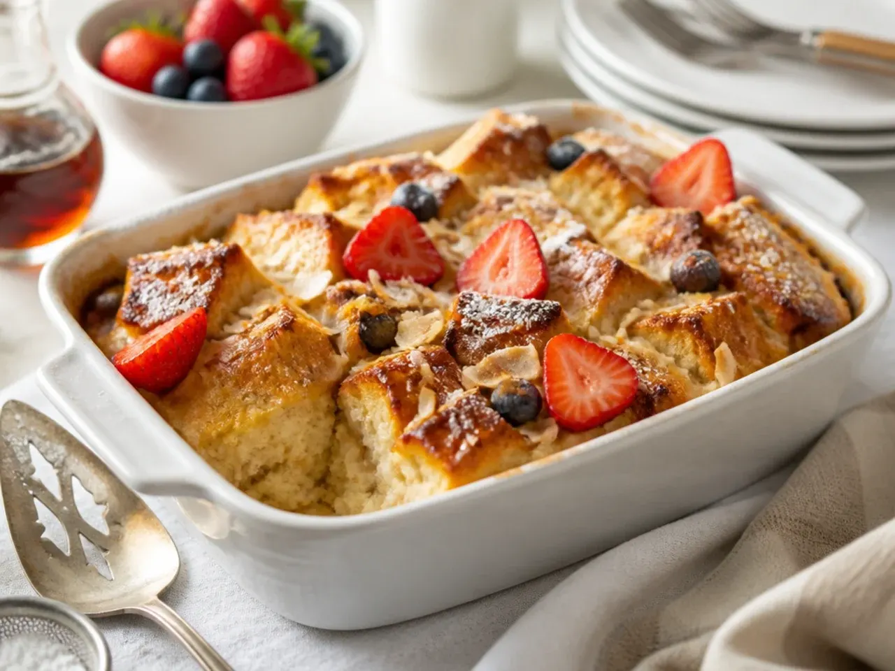 Creamy coconut easy french toast casserole topped with toasted coconut