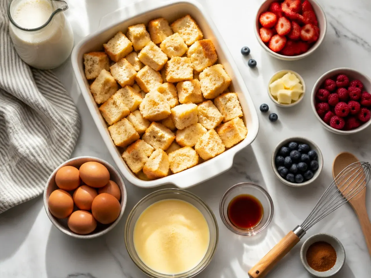 Close-up of a knife testing the set centre of a baked easy french toast casserole