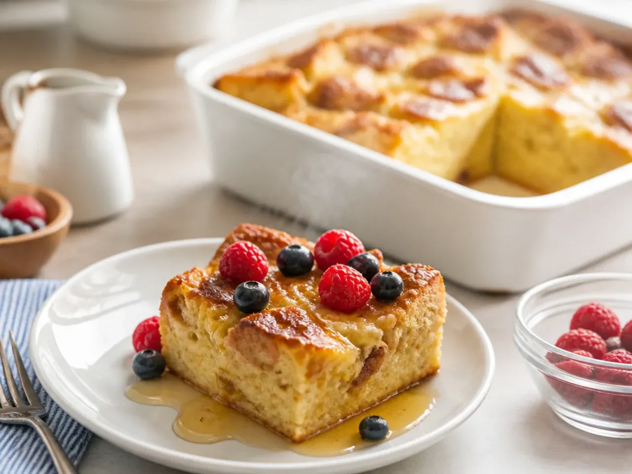 Plated slice of easy french toast casserole with maple syrup and fresh berries
