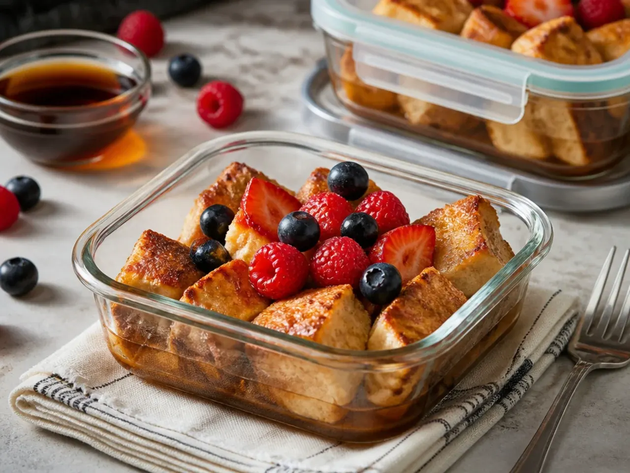 Leftover easy french toast casserole portions stored in a container