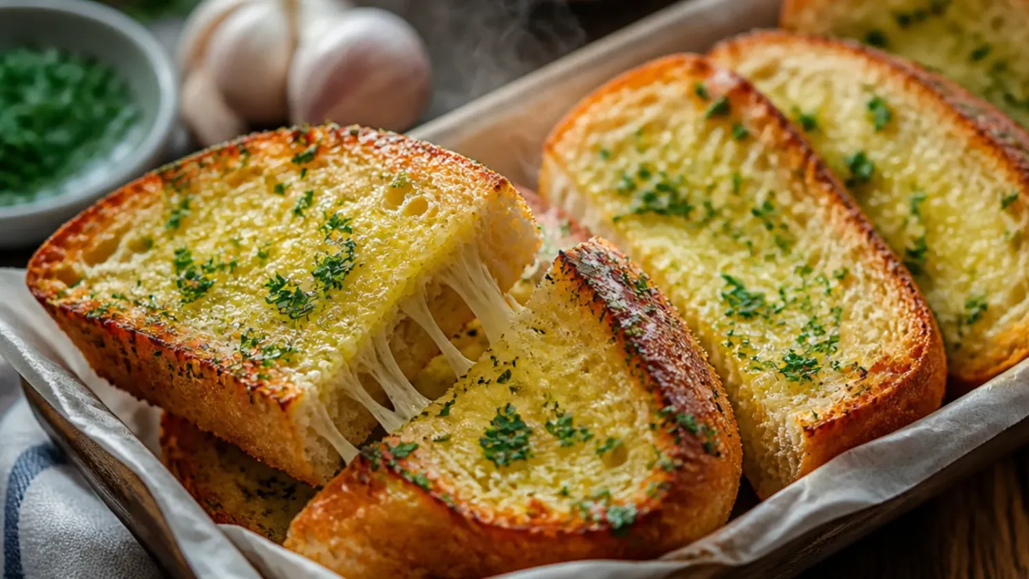 Golden, buttery garlic bread loaf sliced open on a wooden board with fresh parsley scattered on top
