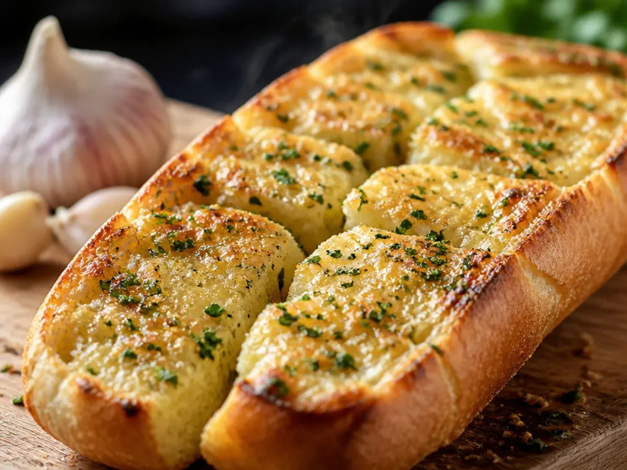 Overhead shot of golden garlic bread slices fanned out on a board with melted butter pooling between them