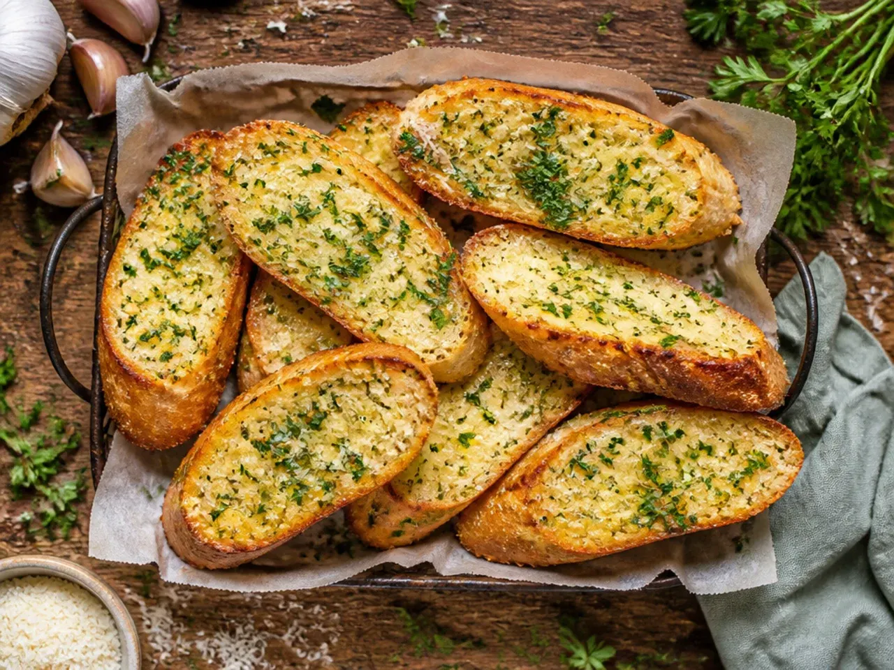 Classic French garlic bread loaf halves on a baking tray, edges golden and butter glistening