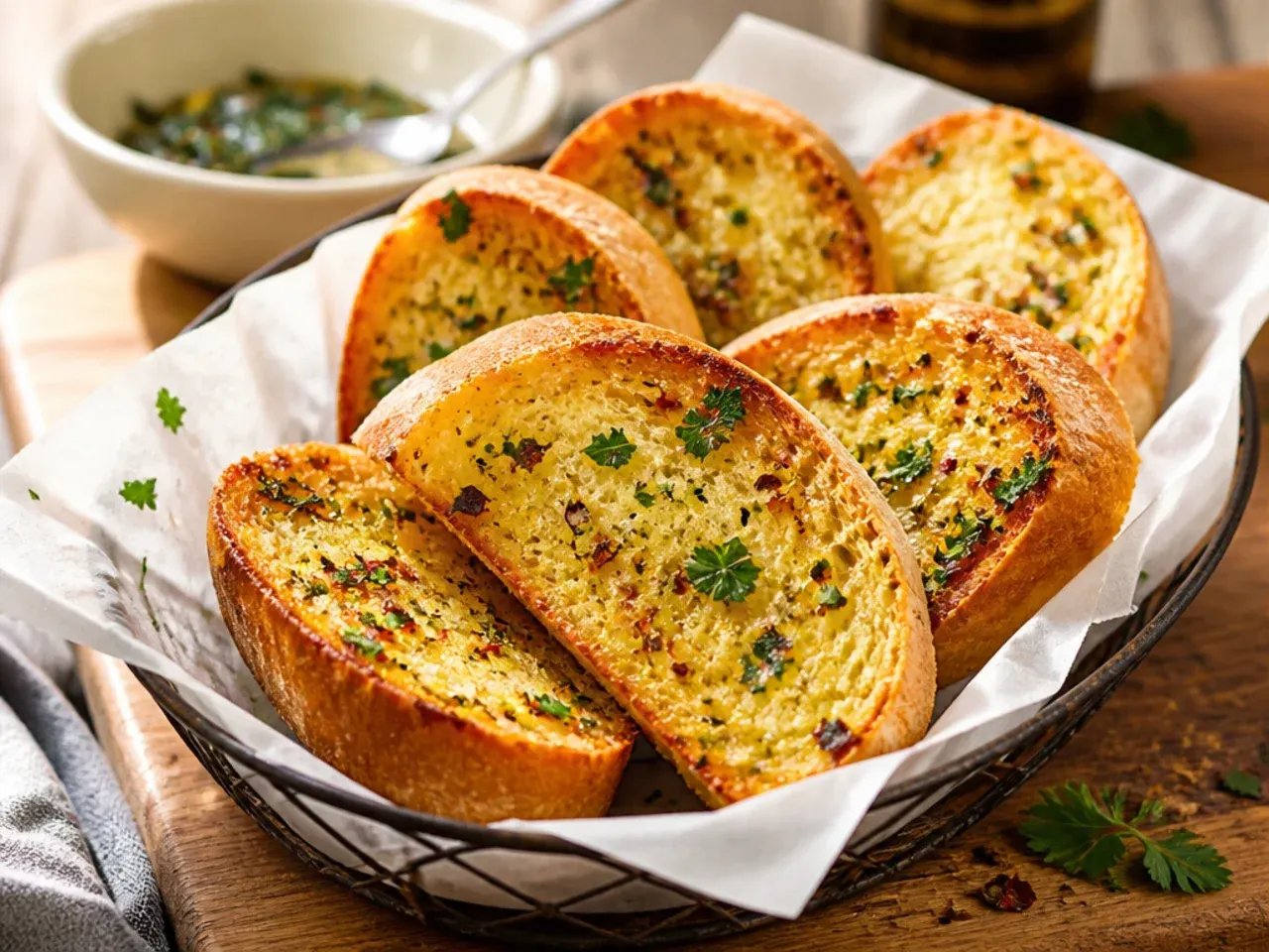 Three-ingredient garlic bread with a simple butter spread, fresh out of the oven