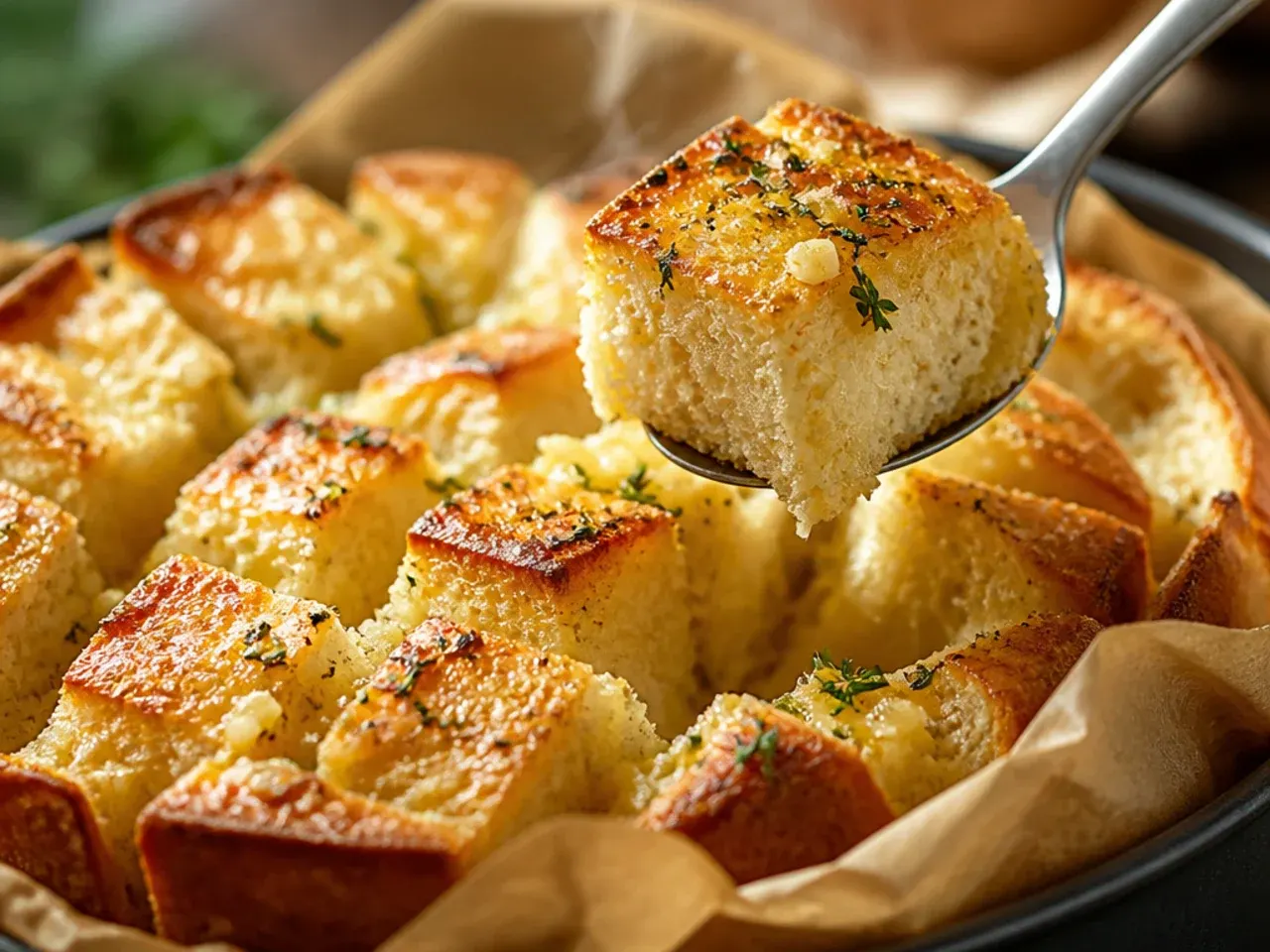 Close-up of fresh minced garlic and olive oil butter spread on a sliced baguette