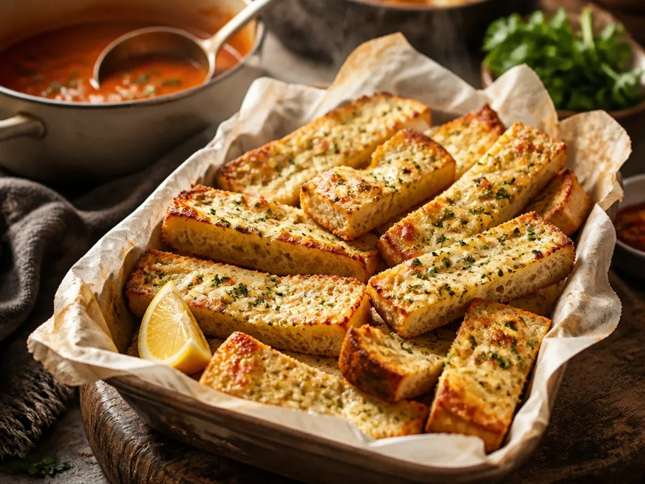 Melted mozzarella garlic bread with a cheese pull being lifted from a slice